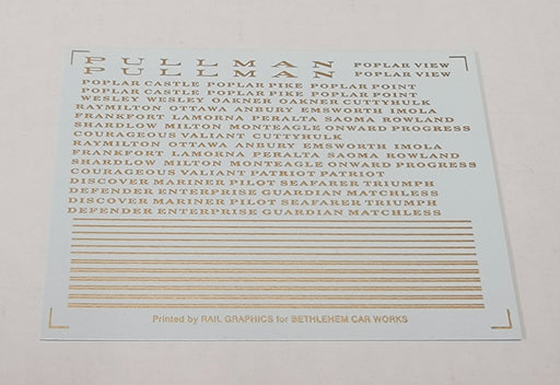 Bethlehem Car Works KitBits 585a HO Scale Pullman Names Decals - Bronze Gold