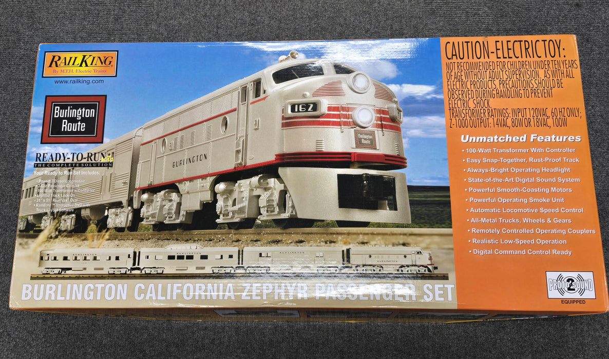 MTH RailKing 30-4196-1 O Gauge Burlington California Zephyr Set with ProtoSound 2.0 (Train Only - USED)