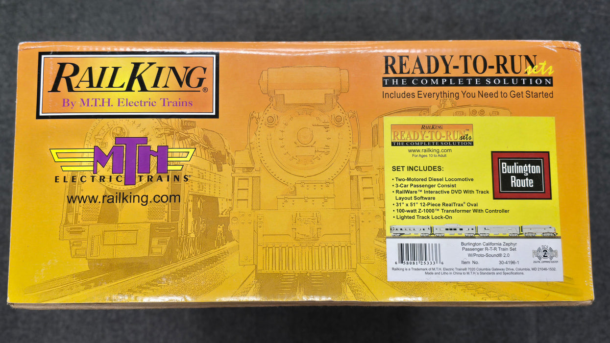 MTH RailKing 30-4196-1 O Gauge Burlington California Zephyr Set with ProtoSound 2.0 (Train Only - USED)