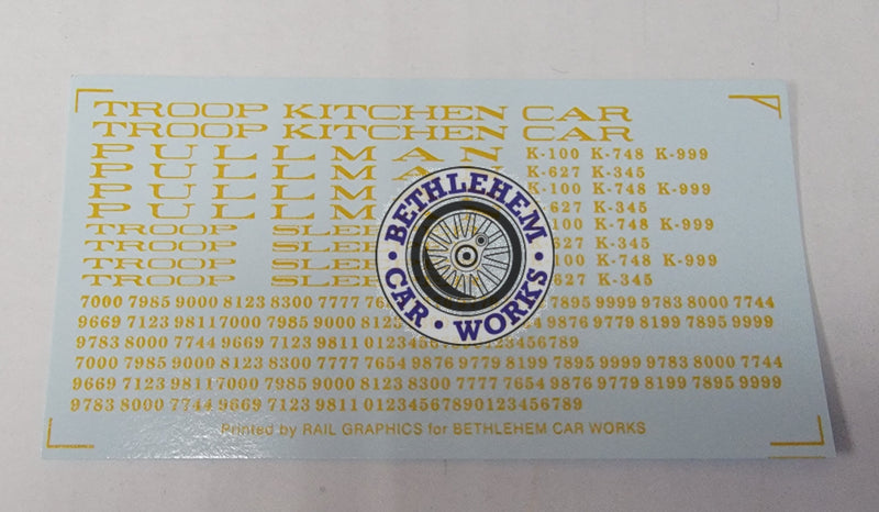 Bethlehem Car Works 72d HO Scale Pullman Troop Sleeper/Kitchen Dulux Decals
