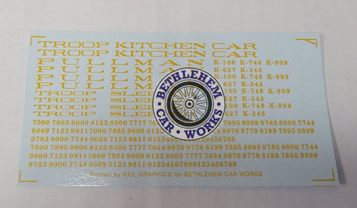 Bethlehem Car Works 72d HO Scale Pullman Troop Sleeper/Kitchen Dulux Decals