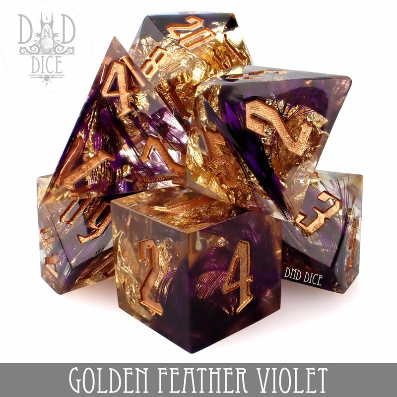 DND DICE Golden Feather Violet Handmade Dice Set