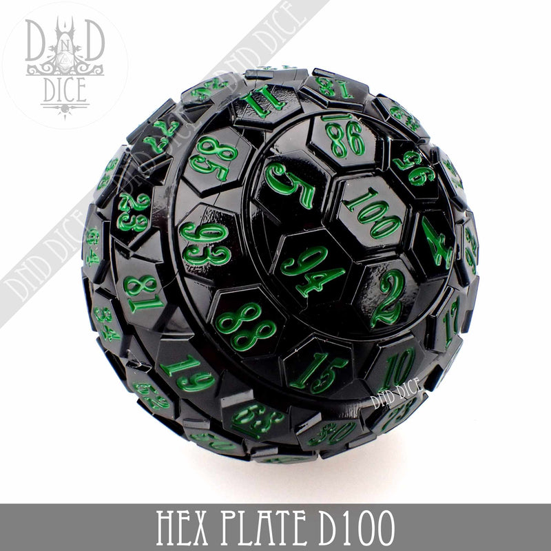 DND DICE Hex Plate D100 Black With Green (45mm)