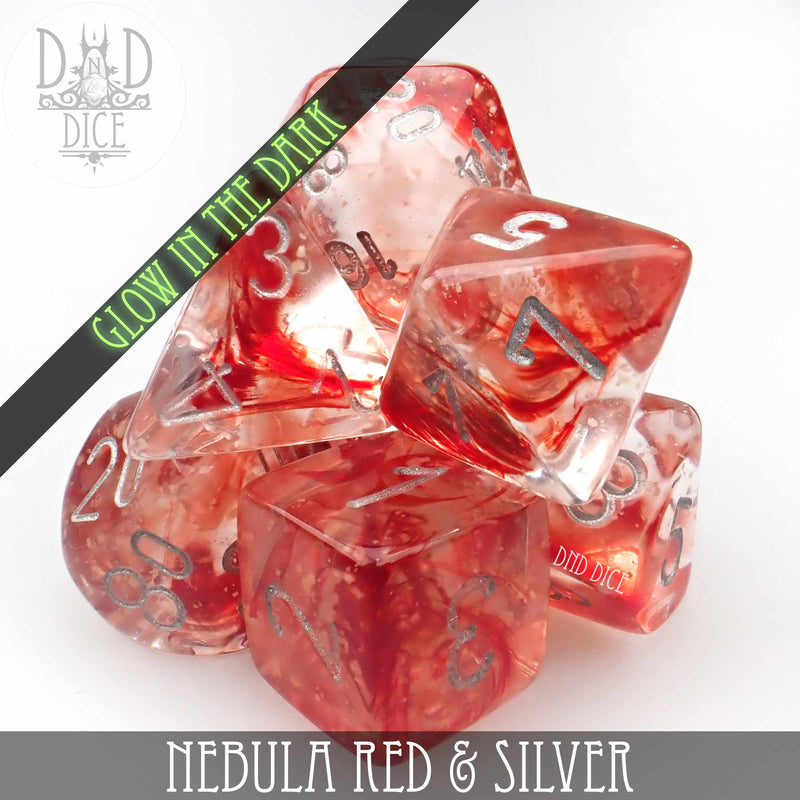 DND DICE Nebula Red & Silver Dice Set (Glow)
