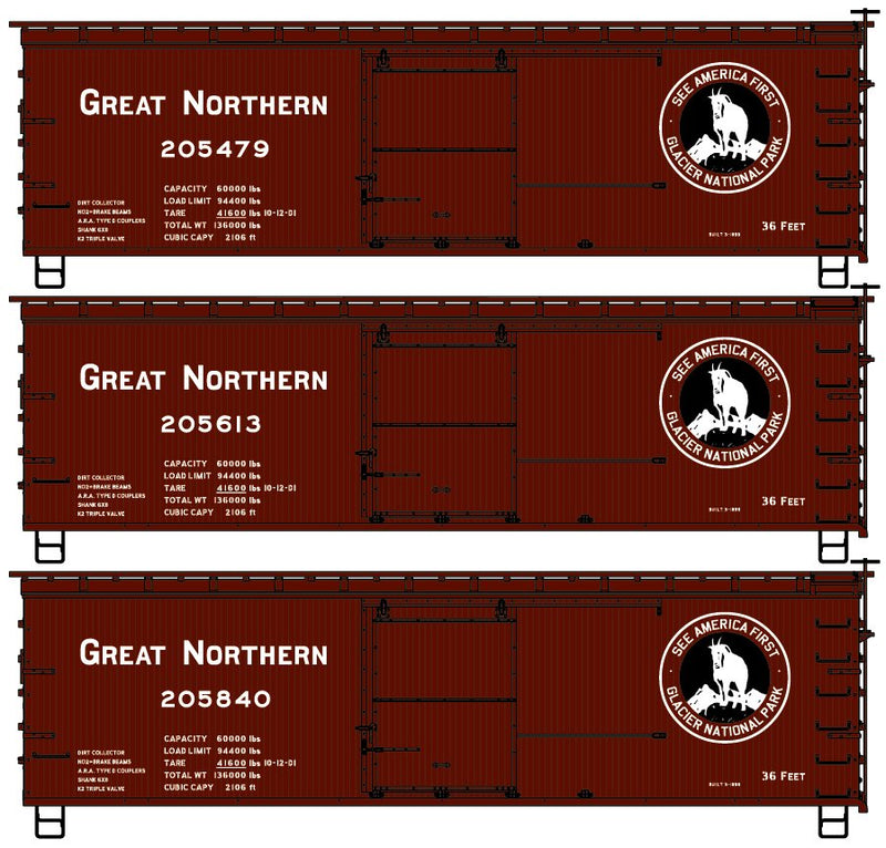 Accurail 8158 HO Scale 36' Wood Boxcar Kit Great Northern GN (3 Pack)