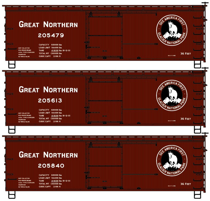 Accurail 8158 HO Scale 36' Wood Boxcar Kit Great Northern GN (3 Pack)