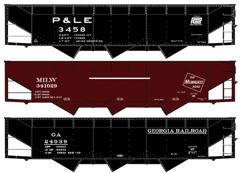 Accurail 8185 HO Scale 70 Ton Offset 3 Bay Hopper Kit 3 Pack P&LE, MILW, and Georgia