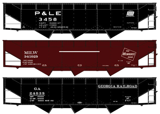 Accurail 8185 HO Scale 70 Ton Offset 3 Bay Hopper Kit 3 Pack P&LE, MILW, and Georgia