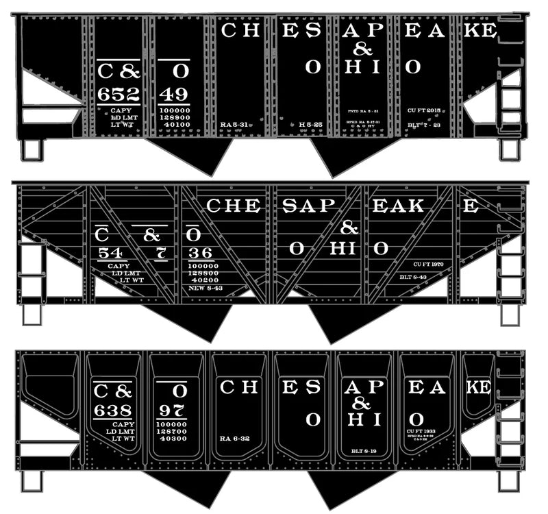 Accurail 8186 HO Scale 55 Ton 2 Bay Hopper Kit 3 Pack Chesapeake & Ohio C&O (65249, 54736, 63897)
