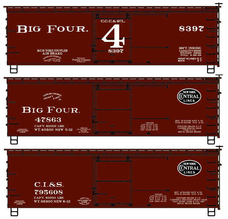 Accurail 8189 HO Scale 36' Double Sheath Boxcar Kit 3 Pack Big Four CCC&StL and CI&S