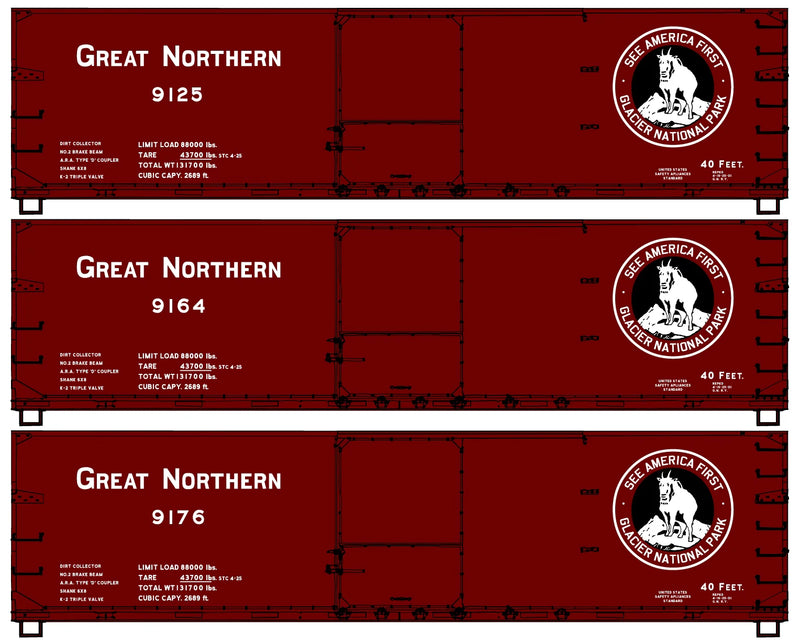 Accurail 8192 HO Scale 40' Double Sheath Wood Boxcar Kit Great Northern GN (3 Car Set)