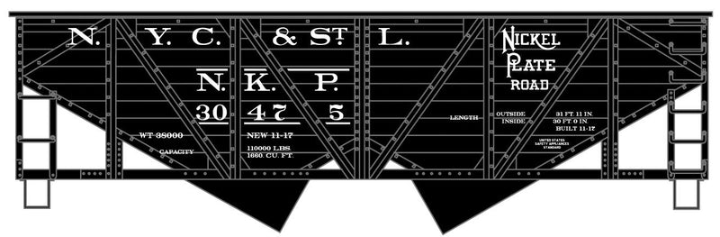 Accurail 81951 HO Scale 55 Ton Wood Side 2 Bay Hopper Kit - Nickel Plate Road NKP 30475