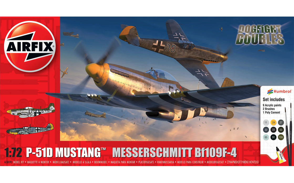 AIRFIX A50193 1/72 P51D Mustang & Bf109F4 Dogfight Doubles Gift Set (With Paint & Glue)