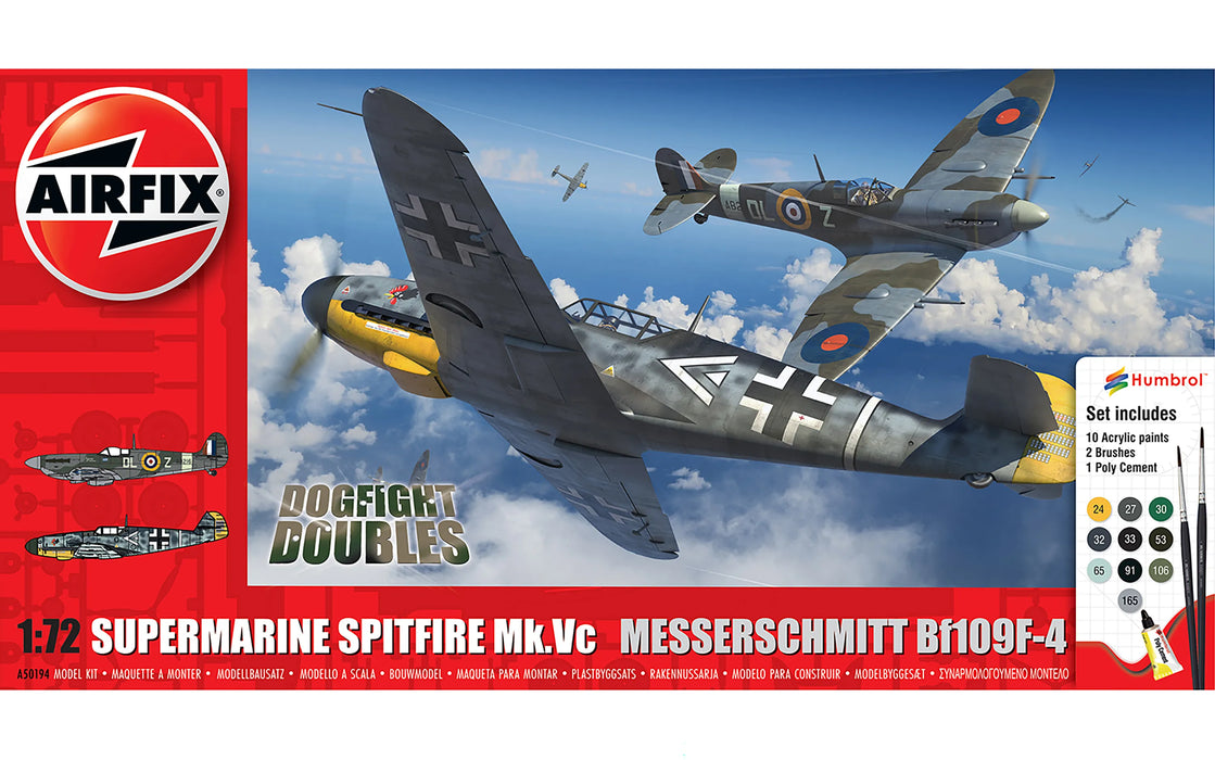 AIRFIX A50194 1/72 Spitfire Mk Vc & Bf109F4 Dogfight Doubles Gift Set (With Paint & Glue)