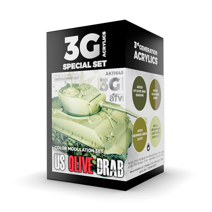 AK Interactive 11643 Modulation Series: US Olive Drab 3G Acrylic Paint Set (4 Colors)