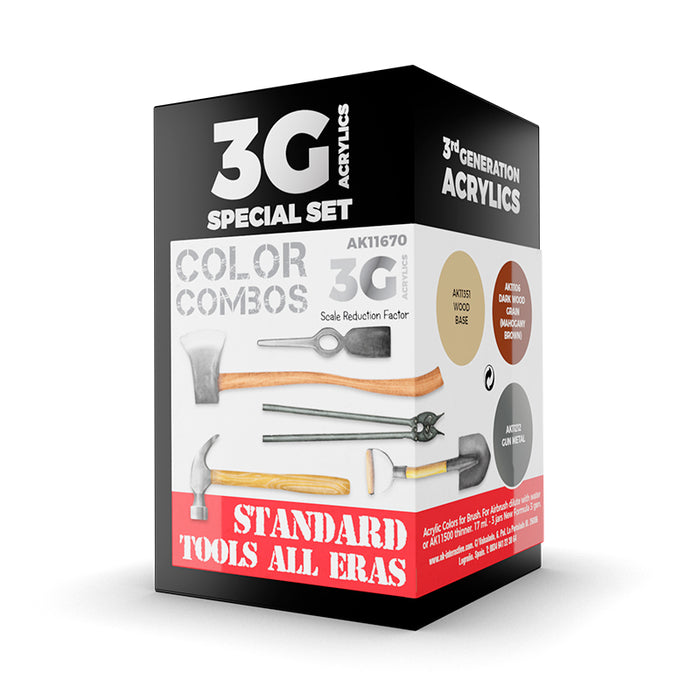 AK Interactive 11670 AFV Series: Standard Tools All Eras Combos 3G Acrylic Paint Set (3 Colors)