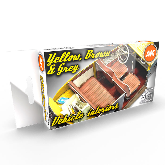AK Interactive 11684 Cars & Civil Vehicles Series: Yellow, Brown & Grey Interiors 3G Acrylic Paint Set (6 Colors)