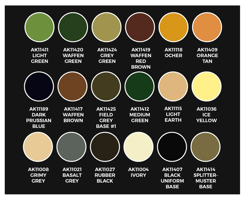 AK Interactive 11759 WWII German Uniforms 3G Acrylic Paint Set (18 Colors)