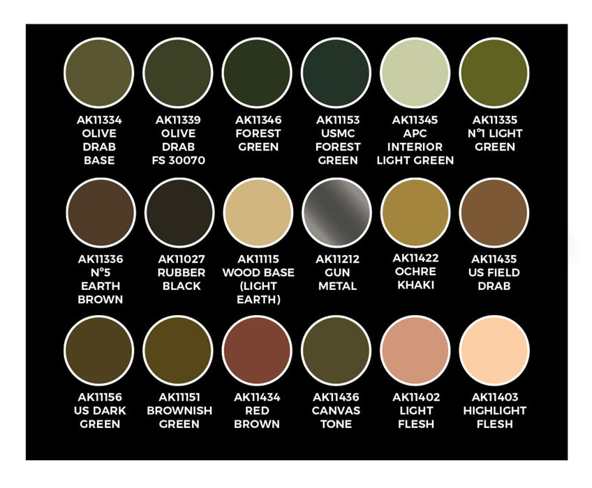 AK Interactive 11763 WWII & Modern US 3G Acrylic Paint Set (18 Colors)