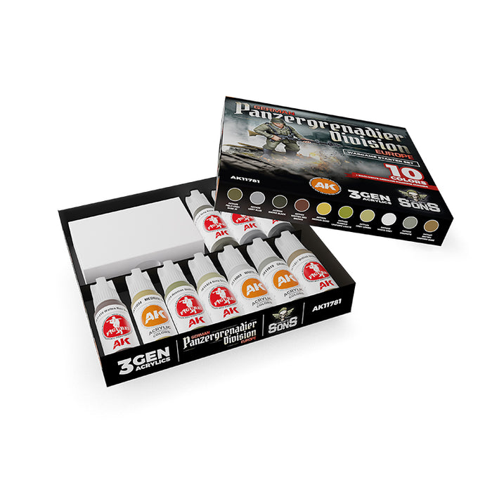 AK Interactive 11781 Wargame: German Panzergrenadier Europe 3G Acrylic Paint Starter Set (10 Colors & 1 Figure)