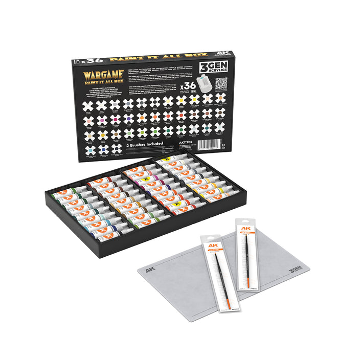 AK Interactive 11782 Wargame: Paint It All Box 3G Acrylic Set (36 Colors) with Brushes & Mat