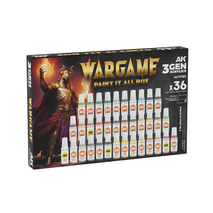 AK Interactive 11782 Wargame: Paint It All Box 3G Acrylic Set (36 Colors) with Brushes & Mat