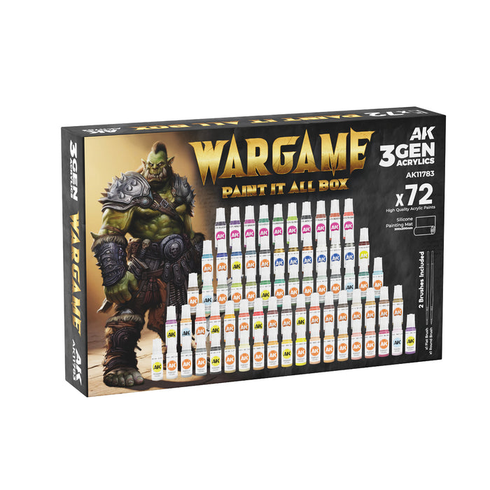 AK Interactive 11783 Wargame: Paint It All Box 3G Acrylic Set (72 Colors) with Brushes & Mat