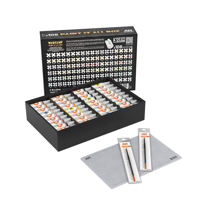 AK Interactive 11784 Wargame: Paint It All Box 3G Acrylic Set (108 Colors) with Brushes & Mat