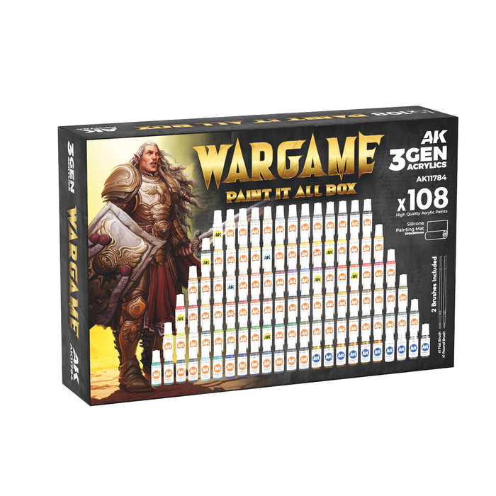 AK Interactive 11784 Wargame: Paint It All Box 3G Acrylic Set (108 Colors) with Brushes & Mat