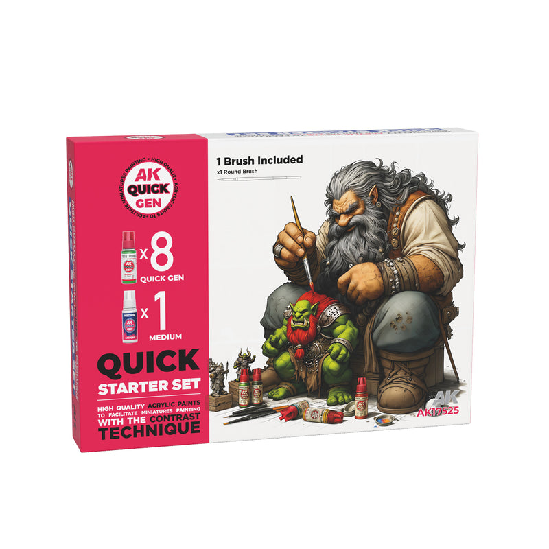 AK Interactive 17525 Quick Gen: Acrylic Paint Starter Set (8 Colors & Medium)