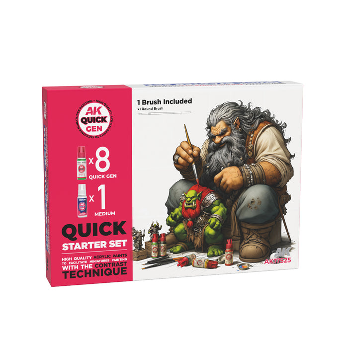 AK Interactive 17525 Quick Gen: Acrylic Paint Starter Set (8 Colors & Medium)