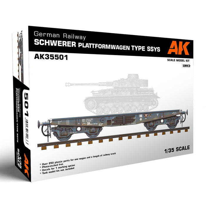 AK Interactive 35501 1/35 German Railway Schwerer Plattformwagen Type SSYS Flat Car  Model Kit with Track Section