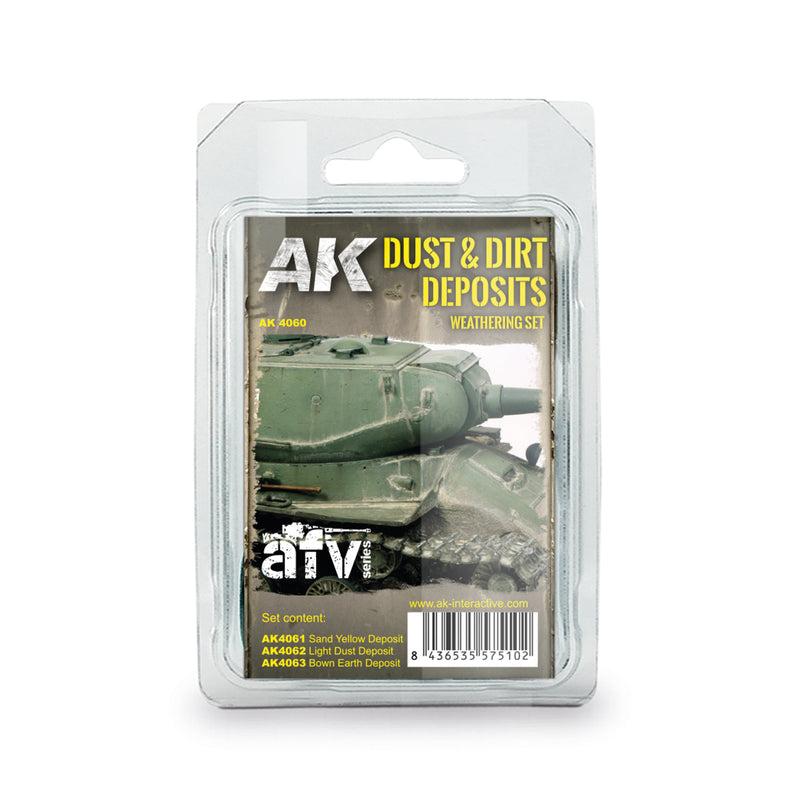 AK Interactive 4060 AFV Series: Dust & Dirt Deposits Weathering Enamel Paint Set (3 Colors)