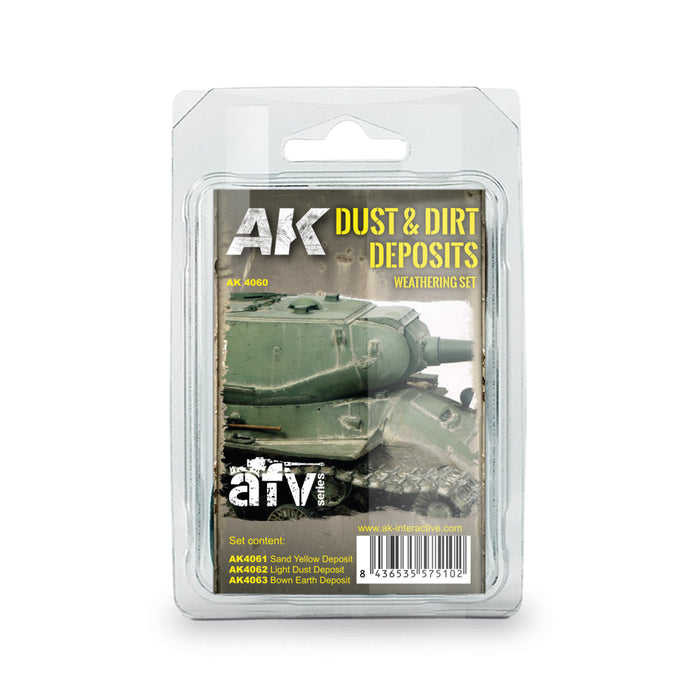 AK Interactive 4060 AFV Series: Dust & Dirt Deposits Weathering Enamel Paint Set (3 Colors)