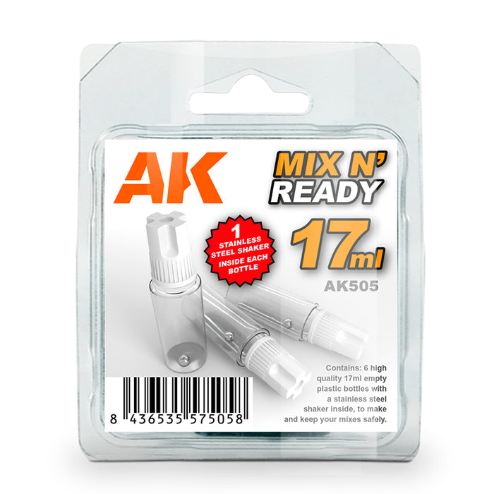 AK Interactive 505 Mix N' Ready 17ml Empty Bottles w/Stainless Steel Shaker Ball