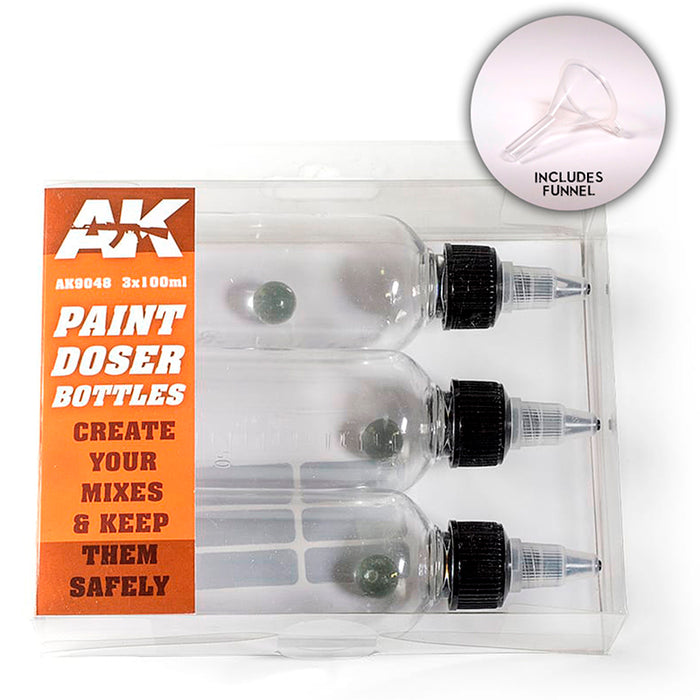 AK Interactive 9048 Paint Doser 100ml Bottles with Shaker Ball (3 Pack)