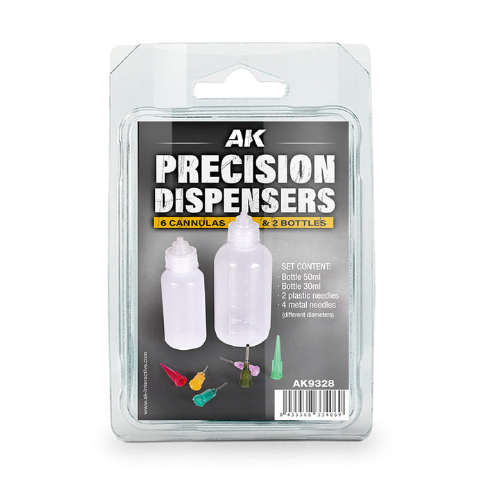 AK Interactive 9328 Precision Dispensers: 50ml & 30ml Empty Bottles, 2 Plastic & 4 Metal Needles
