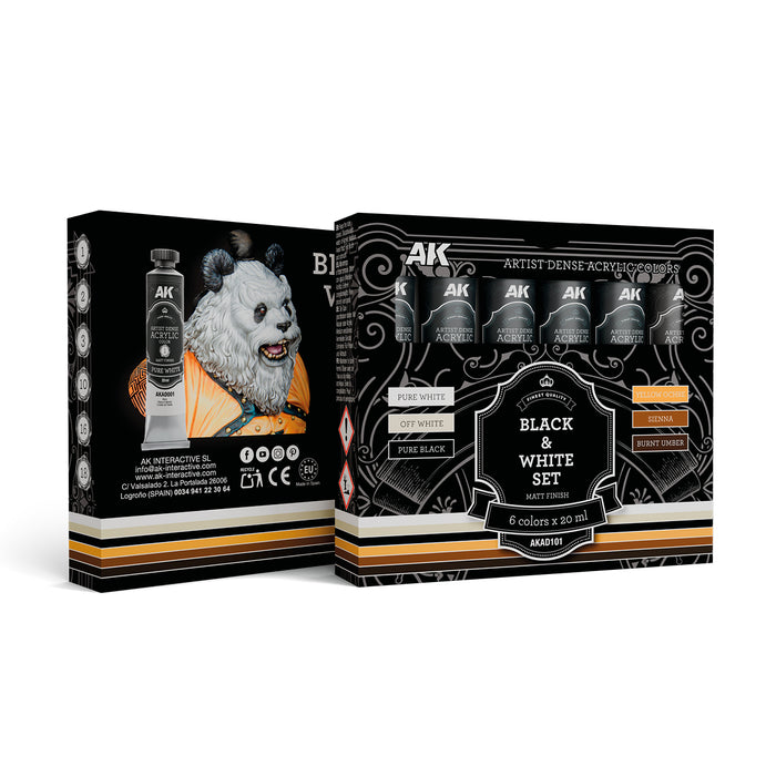 AK Interactive AD101 Artist Dense: Black & White Acrylic Paint Set (6 Colors) 20ml Tubes
