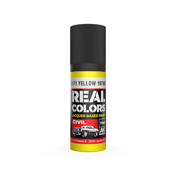 AK Interactive RC841 Real Colors Civil: F1 Yellow 1970s-80s Lacquer Based Paint 17ml Bottle