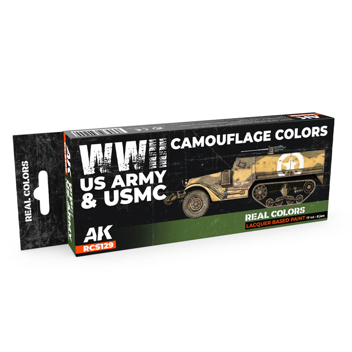 AK Interactive RCS129 Real Colors Set: WWII US Army & USMC Camouflage Lacquer Based Paint (8 Pack)