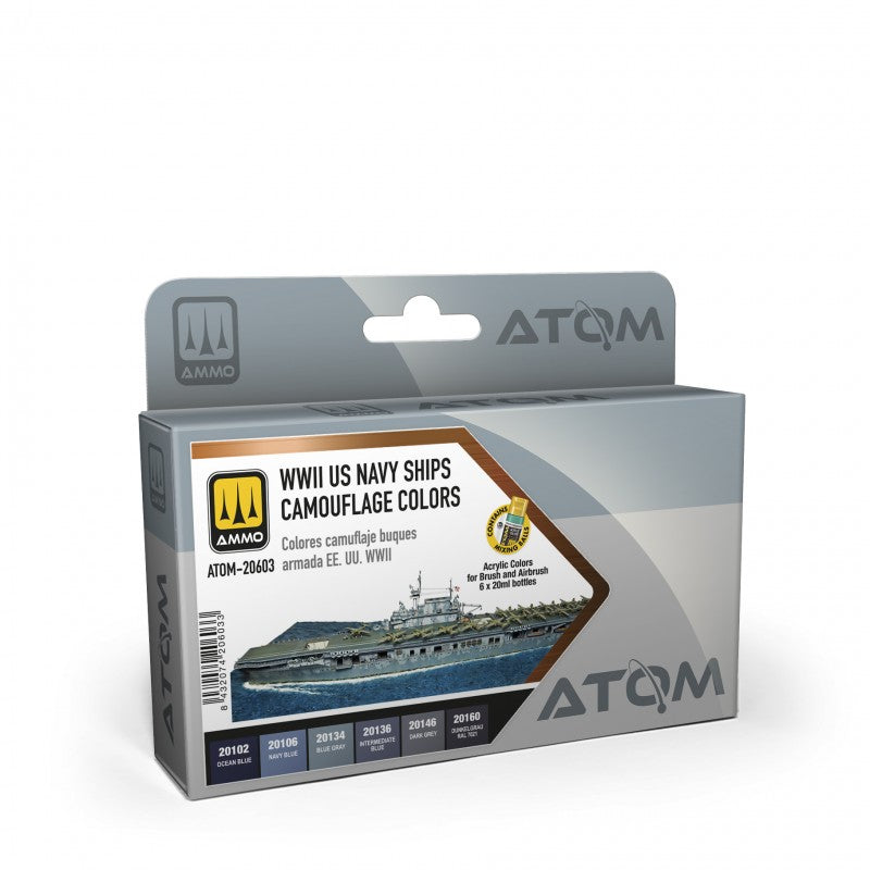 AMMO by Mig 20603 Atom: WWII US Navy Ships Camouflage Acrylic Paint Set (6 Colors) 20ml Bottles