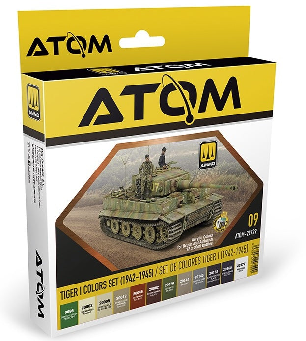 AMMO by Mig 20729 Atom: Tiger I 1942-45 Tank Acrylic Paint Set (12 Colors) 20ml Bottles