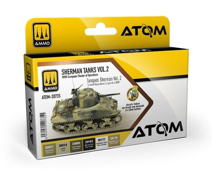 AMMO by Mig 20735 Atom: Sherman Tanks Vol. 2 WWII European Theater of Operation Acrylic Paint Set (6 Colors) 20ml Bottles