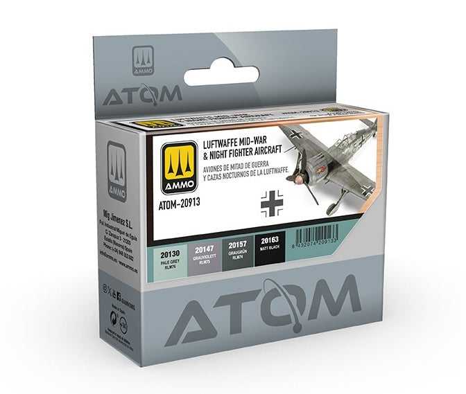 AMMO by Mig 20913 Atom: Luftwaffe Mid-War & Night Fighter Aircraft Acrylic Paint Set (4 Colors) 20ml Bottles