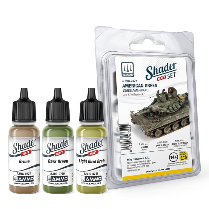 AMMO by Mig 7322 American Green Shader Acrylic Paint Set (3 Colors) 10ml Bottles