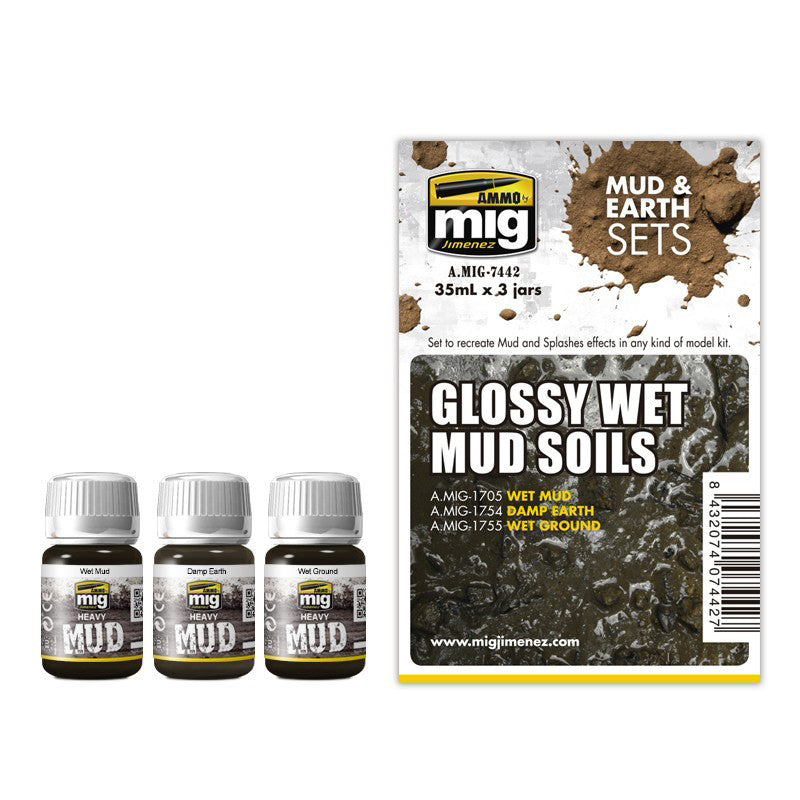 AMMO by Mig 7442 Glossy Wet Mud Soils Mud & Earth Acrylic Paint Set (3 Colors) 35ml Bottles