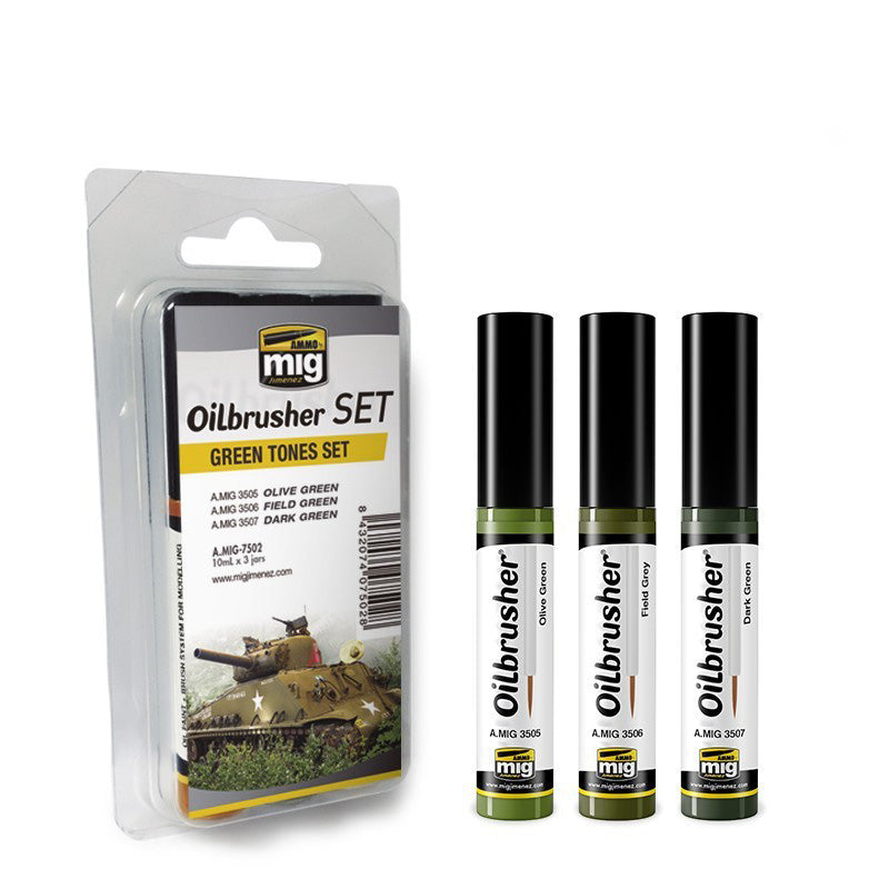 AMMO by Mig 7502 Green Tones Oilbrusher Paint Set (3 Colors) 10ml Bottles