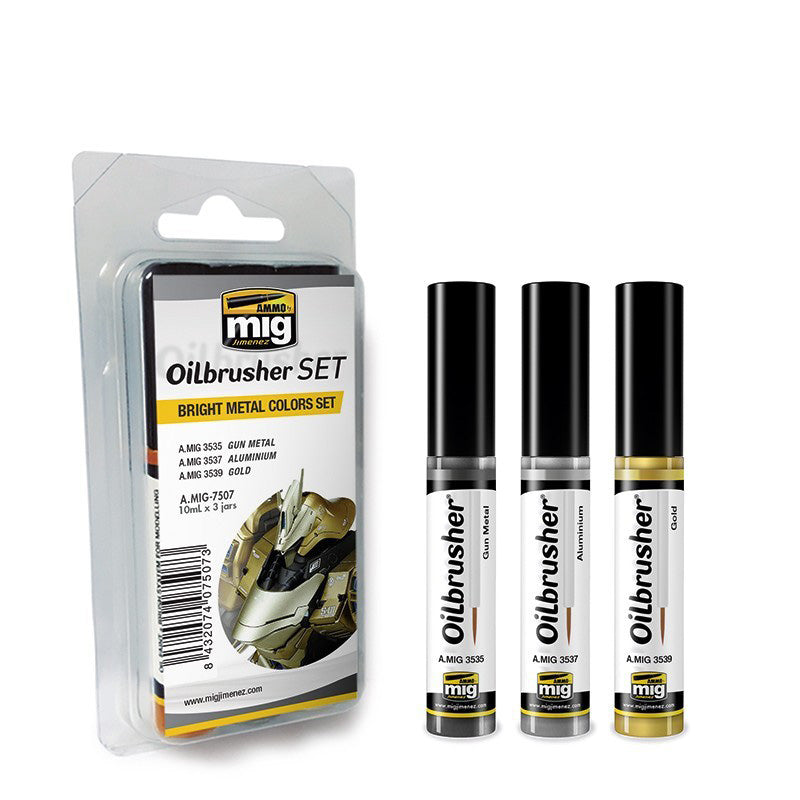 AMMO by Mig 7507 Bright Metal Oilbrusher Paint Set (3 Colors) 10ml Bottles