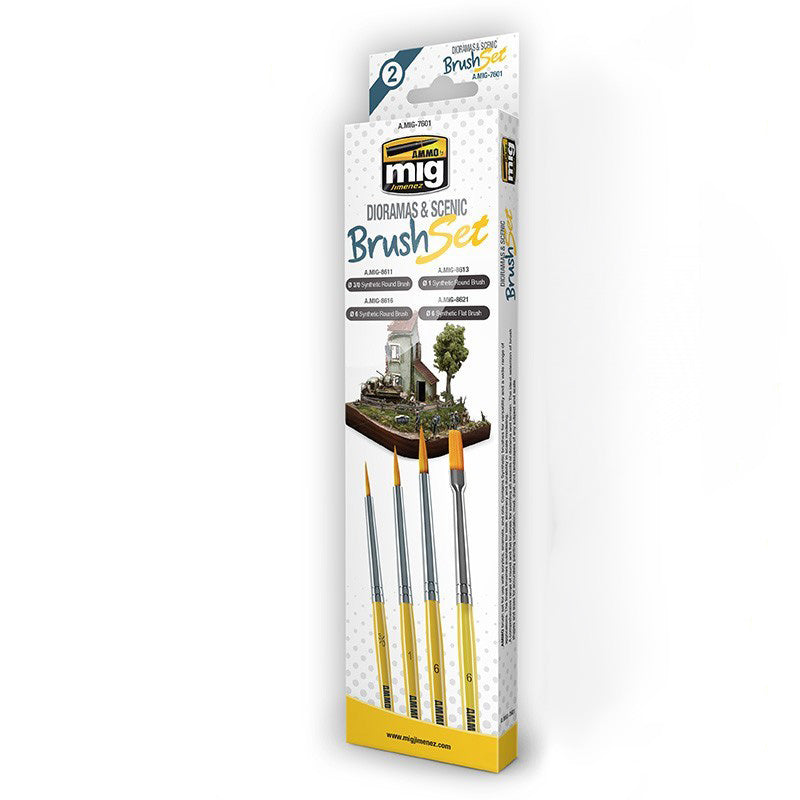 AMMO by Mig 7601 Dioramas & Scenic Brush Set: Synthetic Flat 6, Round 3/0, 1, 6