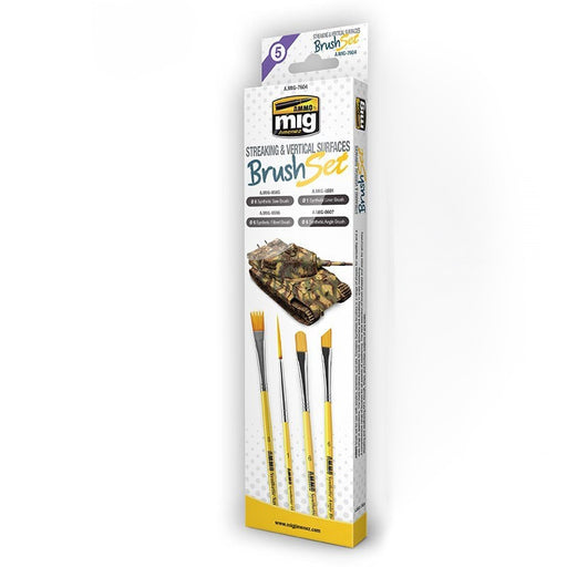 AMMO by Mig 7604 Streaking & Vertical Surfaces Brush Set: Synthetic Angle, Saw, Filbert, Liner